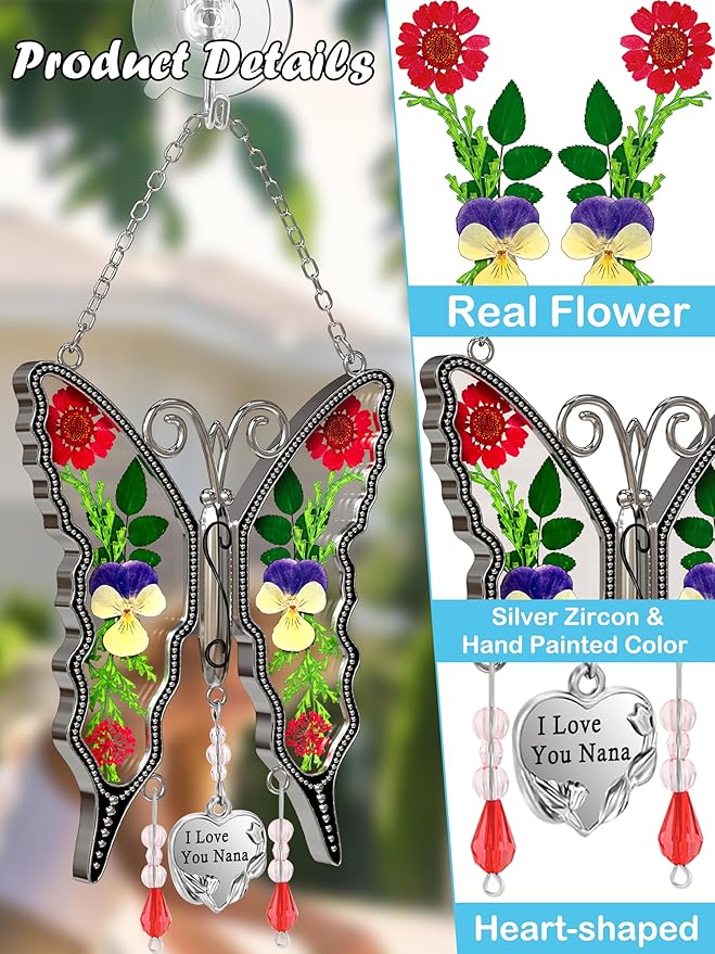 KY&BOSAM Gifts for Nana Butterfly Suncatcher I Love You Nana Stained Glass Window Hanging Wind Chime Ornament with Pressed Dried Flowers and Heart Charm for Mothers Day Birthday Valentines Christmas