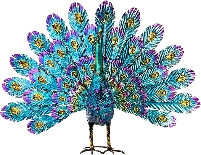 Alpine Corporation 23" Tall Outdoor Metallic Peacock Tail Spread Yard Statue, Vibrant Garden Sculpture for Patio, Lawn, or Entryway, Multicolor