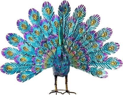 Alpine Corporation 23" Tall Outdoor Metallic Peacock Tail Spread Yard Statue, Vibrant Garden Sculpture for Patio, Lawn, or Entryway, Multicolor