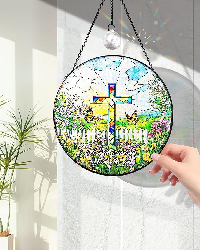 Christian Stained Glass Window Hanging Sun Catcher, Religious Faith for Mom or Grandma, Church Window Decor