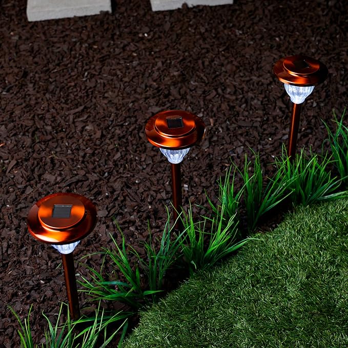 Alpine Corporation LBM174SLR-4 Solar Copper Stainless Steel Pathway LED Lights, 15" H, Bronze, Set of 4