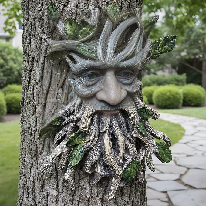 13.2" Real Tree Face Hugger Statue, Resin Elves Sculpture with Foliage Features, Large Outdoor Tree Hugger for Yard Art, Halloween Trees Decorations Outdoor Wall Mounted Statue