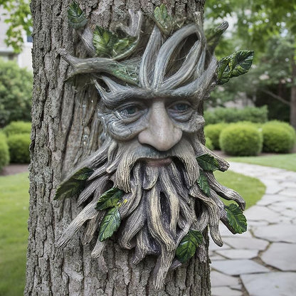 13.2" Real Tree Face Hugger Statue, Resin Elves Sculpture with Foliage Features, Large Outdoor Tree Hugger for Yard Art, Halloween Trees Decorations Outdoor Wall Mounted Statue