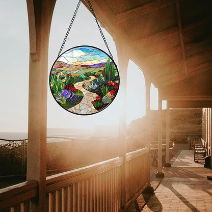 Stained Glass Window Hanging Colorful Wildflowers Mountain Scenery Large 15" - Suncatcher Door Garden Sunroom Sun Catcher Decor Birthday Christmas for Mom Men Woman Nana