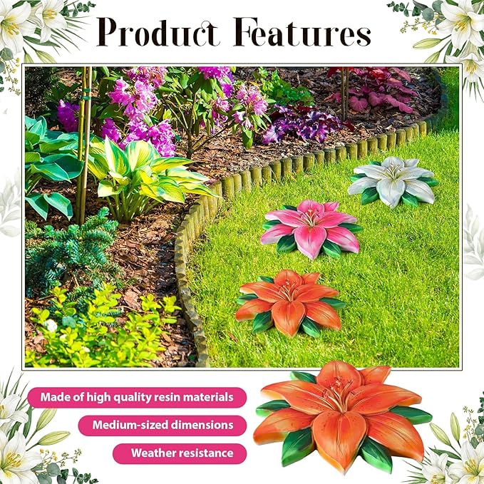 Cinnvoice 3 Pack Garden Stepping Stone Outdoor, Decorative Dimensional Resin Stepping Stones for Patio Pathway Landscaping Walkway Sculpture Yard Backyard Lawn(Lily,10 Inches)