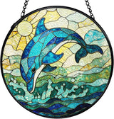 Dolphin Suncatchers Stained Glass Window Hanging, Beach Dolphin Gifts for Women, Coastal Ocean Sun Catchers Indoor Window Glass Round Wall Decor, Beachy Wall Hanging, 7.9x7.9in