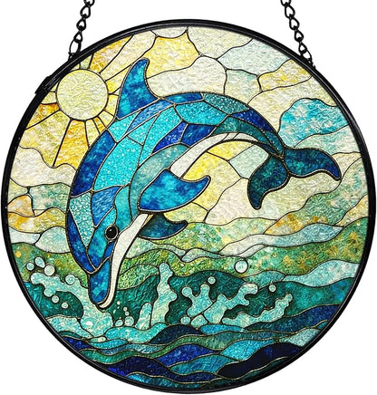 Dolphin Suncatchers Stained Glass Window Hanging, Beach Dolphin Gifts for Women, Coastal Ocean Sun Catchers Indoor Window Glass Round Wall Decor, Beachy Wall Hanging, 7.9x7.9in