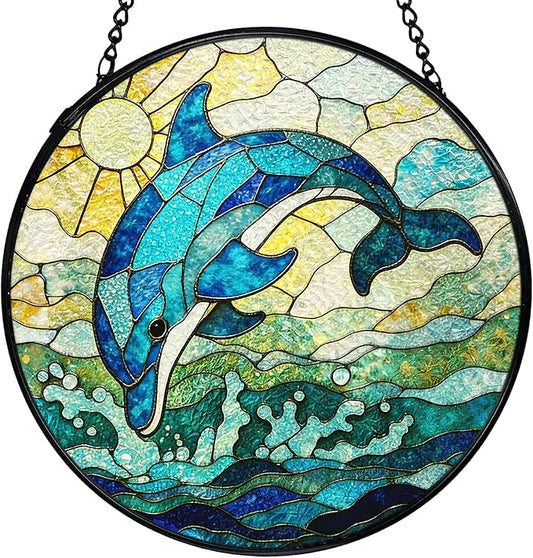 Dolphin Suncatchers Stained Glass Window Hanging, Beach Dolphin Gifts for Women, Coastal Ocean Sun Catchers Indoor Window Glass Round Wall Decor, Beachy Wall Hanging, 7.9x7.9in