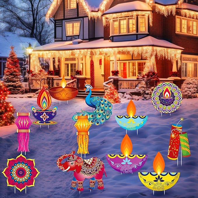 Amyhill 12 Pcs Happy Diwali Yard Sign Lawn Decor Lights Festival Party Signs Waterproof Happy Diwali Yard Outdoor Decorations with Stakes for Indian Lights Holiday Party Lawn Ornaments Decorations