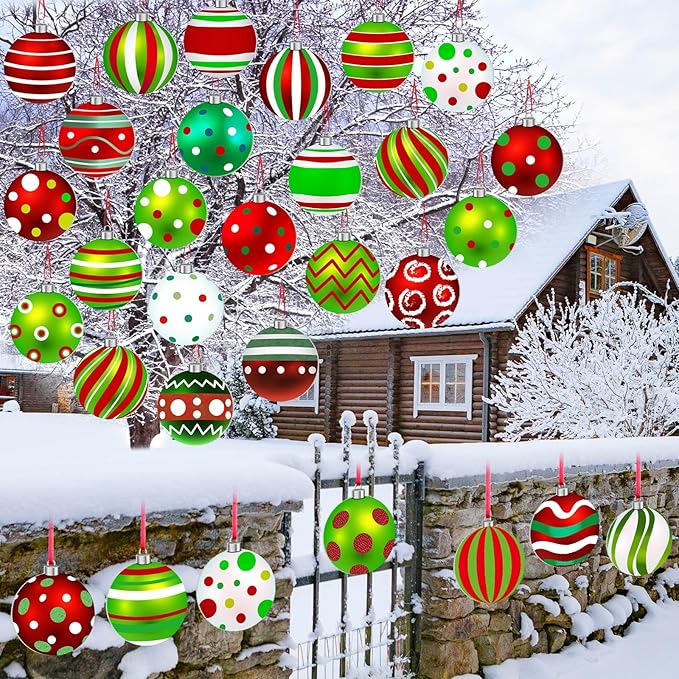 Rtteri 30 Pcs Christmas Outdoor Yard Ornaments 4.9 Inch Double Sided Lawn Decorations Red Green Christmas Hanging Ornaments Plastic Holiday Decorations for Xmas Home Yard Tree Porch Decor
