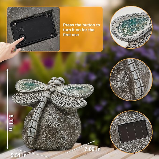 KARTOOSH Solar Garden Statue Dragonfly, Outdoor Decor Resin Dragonfly Light Statues for Yard, Patio, Lawn, Porch, Balcony Ornament, Garden Gift for Women Mom Grandma