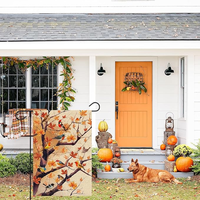 Fall Birds Garden Flag 12x18 Inch Double Sided Autumn Maple Tree Leaves for Welcome Seasonal Holiday Outside Yard Flag Outdoor Decoration