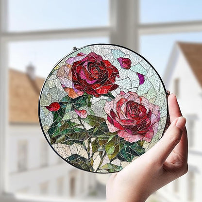 Pink Red Roses Stained Glass Window Hanging Suncatchers Valentine Roses Glass Panel Hangings Vintage Floral Window Decor Flowers Lovers Gift for Women Mom Spring Garden Nature Ornament 9.9inch