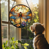 Stained Glass Window Hanging - Orange Blue Dragonfly Flower Suncatcher for Doors Window Home Sun Catchers Decor Christmas Mother's Day Birthday Outdoor Gifts for Women Men Mom Nana 14.9 in