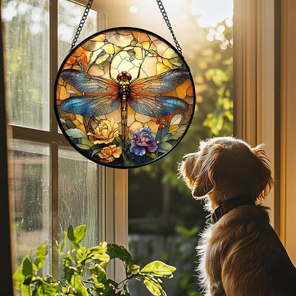 Stained Glass Window Hanging - Orange Blue Dragonfly Flower Suncatcher for Doors Window Home Sun Catchers Decor Christmas Mother's Day Birthday Outdoor Gifts for Women Men Mom Nana 14.9 in