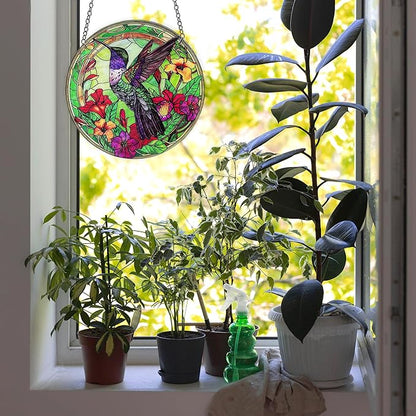 Hummingbird Stained Glass Decor for Women, Bird Lovers Suncatcher. Green Birds Art Walldecor.