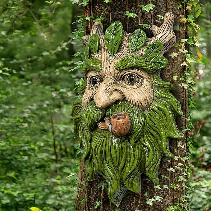 Teaeeno Whimsical Tree Face Garden Decoration, 11.8 in Tree Faces Decor Outdoor Wallmounted Statue Art with Leaf Features, Outdoor Decor Garden Accessory (Nature and Outdoors)