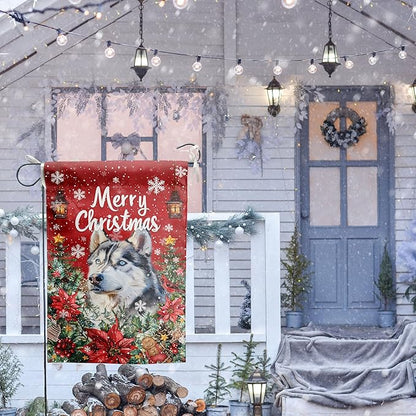 Christmas Husky Garden Flag Merry Christmas Dog Yard Flag for Outside Xmas Flags 12x18 Double Sided Red Poinsettia Garden Flags Winter Porch Decorations Outdoor