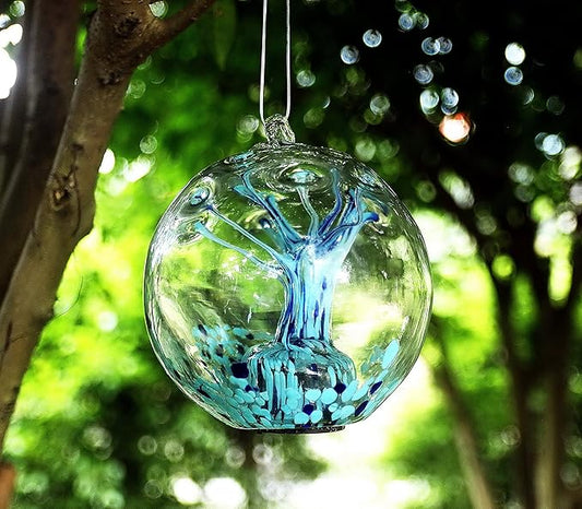 5.5-Inch Solar Powered Hanging Threaded Glass Gazing Ball Outdoor Garden Decoration (Blue & Aqua)