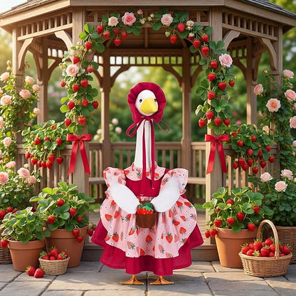 Abbylike Spring Porch Goose Outfit Strawberry Porch Goose Skirt Costume Clothes Fits Large 23'' Cement Statue for Summer Garden Outdoor Yard Lawn Patio Decorations