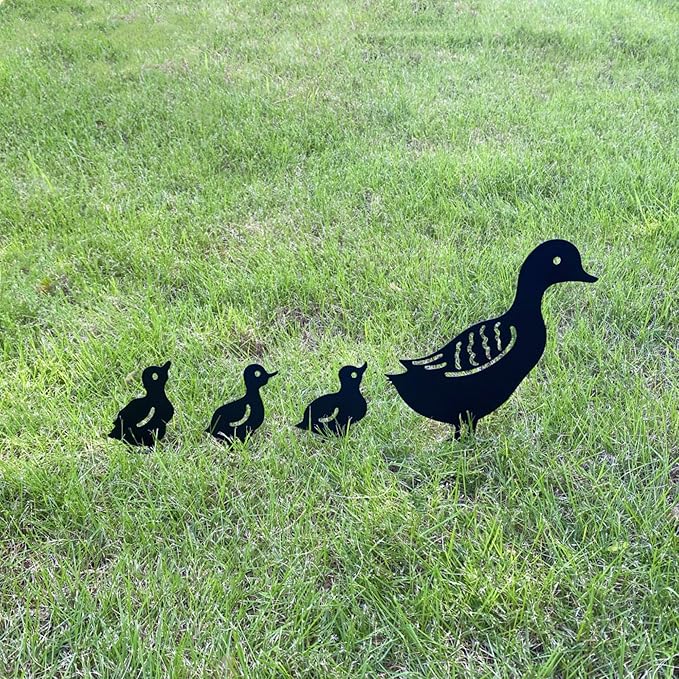 Duck Metal Stake Decorative Garden Stakes Black Duck Silhouette Garden Statues for Yard Outdoor Lawn Patios Garden Decoration, Set of 4