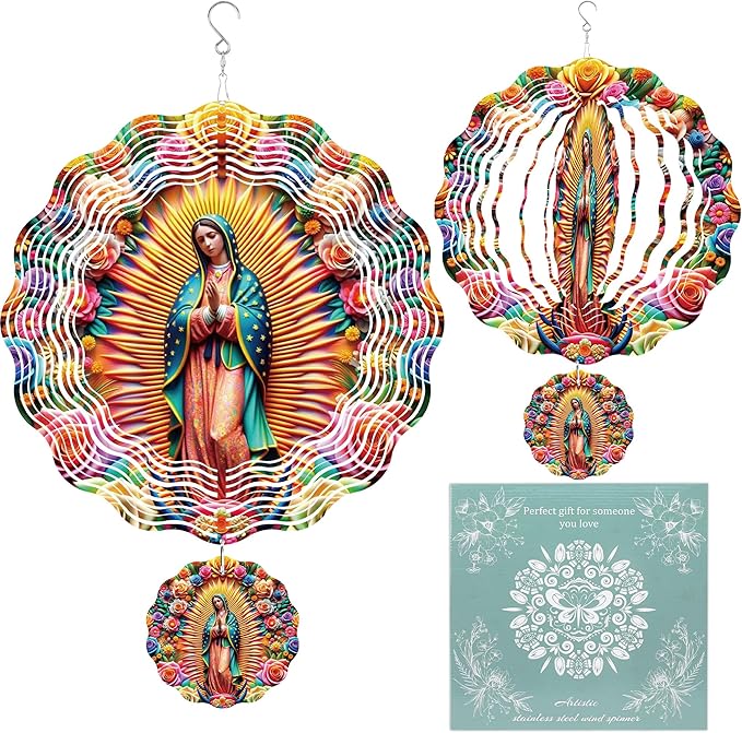 Wind Spinner Hanging Outdoor Decor, 12 Inch 3D Our Lady of Guadalupe Metal Kinetic Wind Spinners for Garden Yard Patio, Stainless Steel Laser Cut Art Catholic Christian Gifts for Women