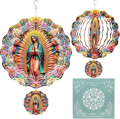 Wind Spinner Hanging Outdoor Decor, 12 Inch 3D Our Lady of Guadalupe Metal Kinetic Wind Spinners for Garden Yard Patio, Stainless Steel Laser Cut Art Catholic Christian Gifts for Women