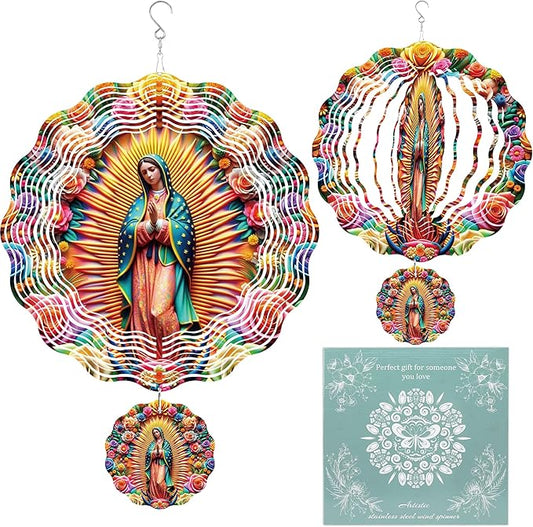 Wind Spinner Hanging Outdoor Decor, 12 Inch 3D Our Lady of Guadalupe Metal Kinetic Wind Spinners for Garden Yard Patio, Stainless Steel Laser Cut Art Catholic Christian Gifts for Women