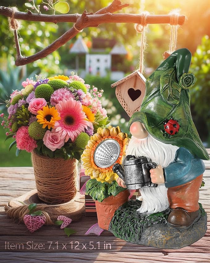 GoGnome Solar-Powered Large Garden Gnome Watering Can Sunflower - 12 in Garden Decor Gnomes Decorations for Yard Lawn Ornaments Outside Statue Figurine LED Lights (Gnome)