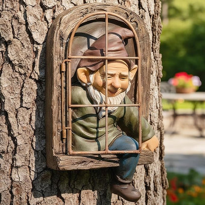 12" Real Gnome Tree Face Hugger Statue,Garden Decoration Climbing Decor Outdoor,Whimsical Fairy Door Tree Face Figurine Lawn Patio Decor,Funny Elves Peeker Sculpture Hanging Yard Art