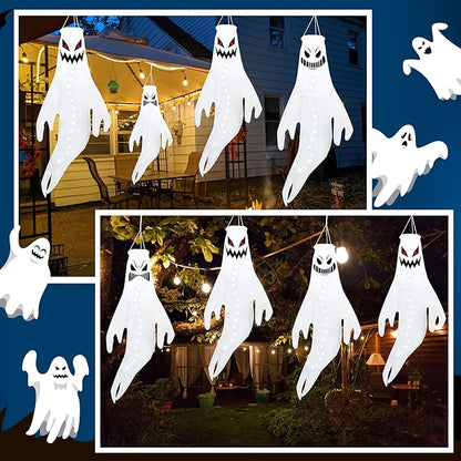 Geefuun 4PCS White Halloween Fierce Ghost Windsocks Hanging Decorations - Flag Wind Socks for Home Yard Outdoor Decor Party Supplies (Batteries Not Included,No Timer)