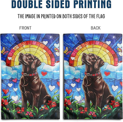 Stained Glass Chocolate Lab Garden Flag for Outside 12x18 Double Sided Rainbow Bridge Labrador Dog Bereavement Pet Sympathy Gift Memorial Yard Banner Small