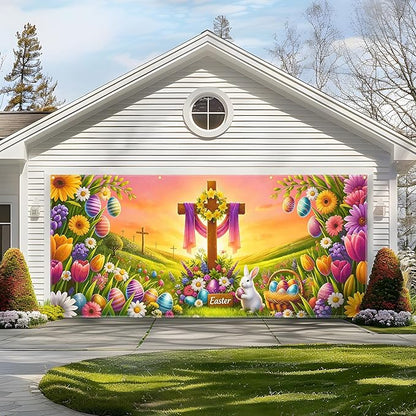 Easter Garage Door Banner 157.5x70.9in Large Spring Garage Door Cover Bunny Floral Outdoor Decorations for House Exterior Party Decor with Grommets Rope