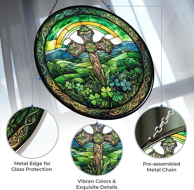 Irish Cross Suncatchers for Windows,6.3” Stained Glass Window Hangings,Hand-Painted Glass Panel Perfect for Home Décor