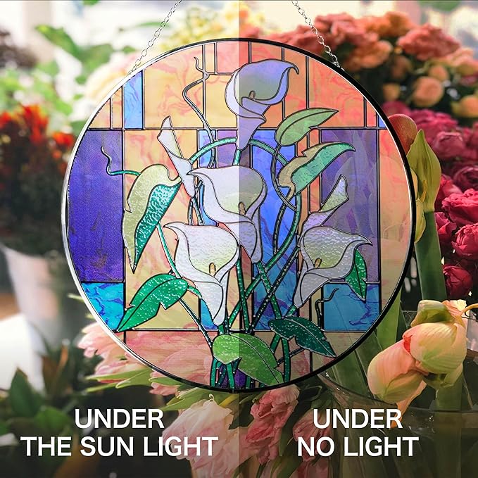 Hanway Suncatcher in Colorful Stained Glass 12" Dia - Genuine Brightly Colored Glass, Protective Metal Edge, Ready to Use Hanging Chain, for Window, Garden (Alocasia)