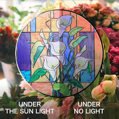 Hanway Suncatcher in Colorful Stained Glass 12" Dia - Genuine Brightly Colored Glass, Protective Metal Edge, Ready to Use Hanging Chain, for Window, Garden (Alocasia)