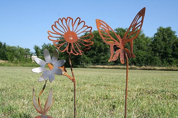 Metal Rustic and Colorful Flower Stakes Ranging from 9.5 to 36 Inches Tall (Daisy, Butterfly and Twisted Daisy Set, Naturally Rusted)