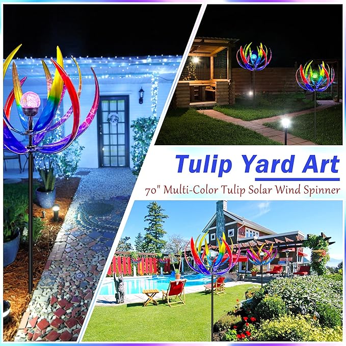 Wind Spinners Outdoor for Yard and Garden - Wind Sculptures & Spinners - 70 Inch Wind Spinner with Solar Powered Multi-Color Glass Ball Light for Yard Garden Backyard Lawn Decorations -Multicolored