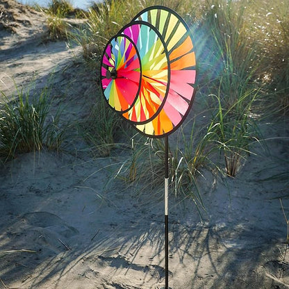 In the Breeze 2614 — Fiesta Triple Wheel Spinner — Colorful, Mesmerizing Wind Spinner for Yards and Gardens