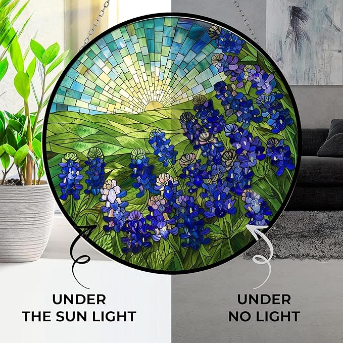 Bluebonnets Stained Glass Window Hanging Sun Catcher Halloween Haning Ornament Decoration Christmas Birthday Gifts for Lover, Friends