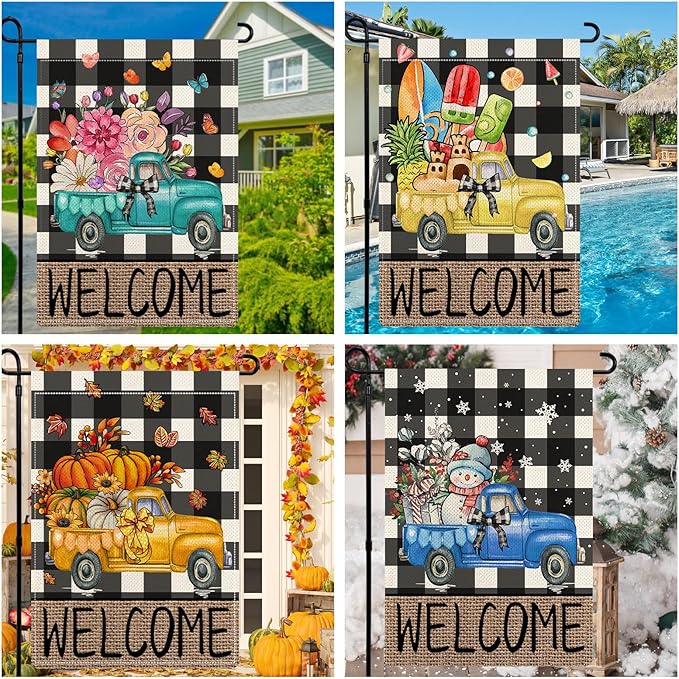 Rustic Truck Buffalo Plaid Garden Flags for Outside Set of 12, Welcome Seasonal Garden Flags 12x18 Double Sided, Car Holiday Lawn Flags, Winter Spring Outside Decorations for Yard