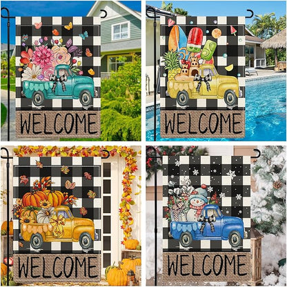 Rustic Truck Buffalo Plaid Garden Flags for Outside Set of 12, Welcome Seasonal Garden Flags 12x18 Double Sided, Car Holiday Lawn Flags, Winter Spring Outside Decorations for Yard