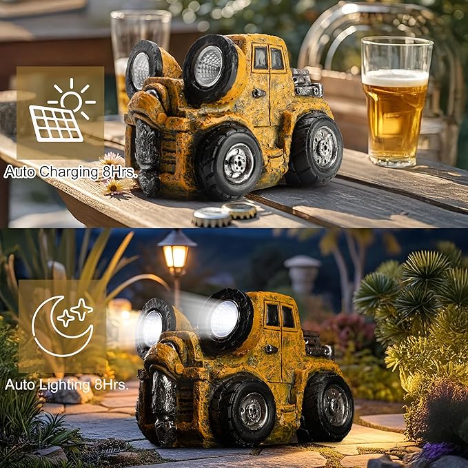 Etlemonde Garden Statue Outdoor Construction Truck Decor with Solar Light Decoration for Yard Patio Lawn Vintage Engineering Decor Gifts for Men