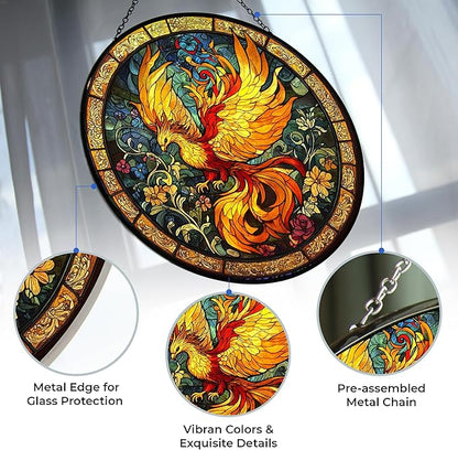 Sacred Phoenix Bird Suncatcher Stained Glass Window Hangings Sun Catchers Colorful Ornament Gifts for Women Mom Wife Halloween Christmas Housewarming 9.8"