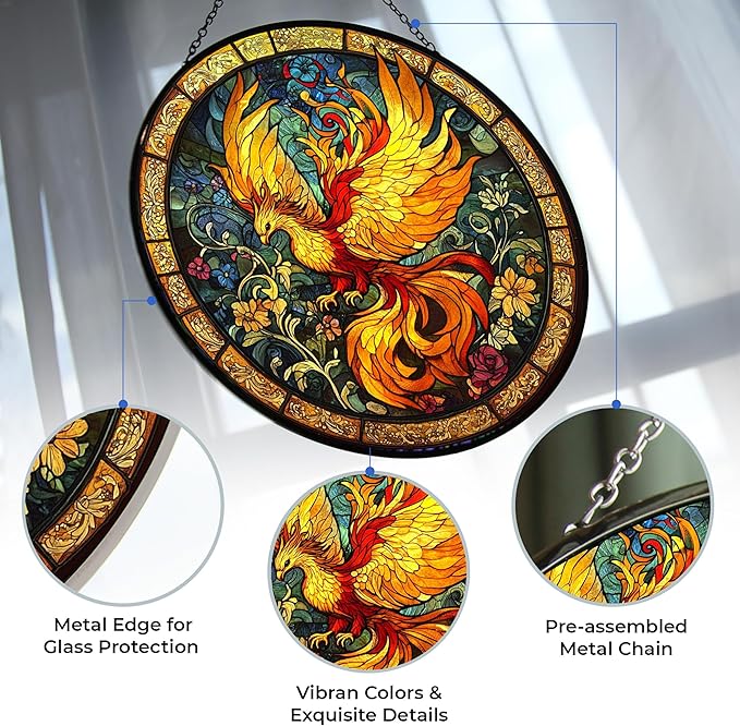 Sacred Phoenix Bird Suncatcher Stained Glass Window Hangings Sun Catchers Colorful Ornament Gifts for Women Mom Wife Halloween Christmas Housewarming 6.3”