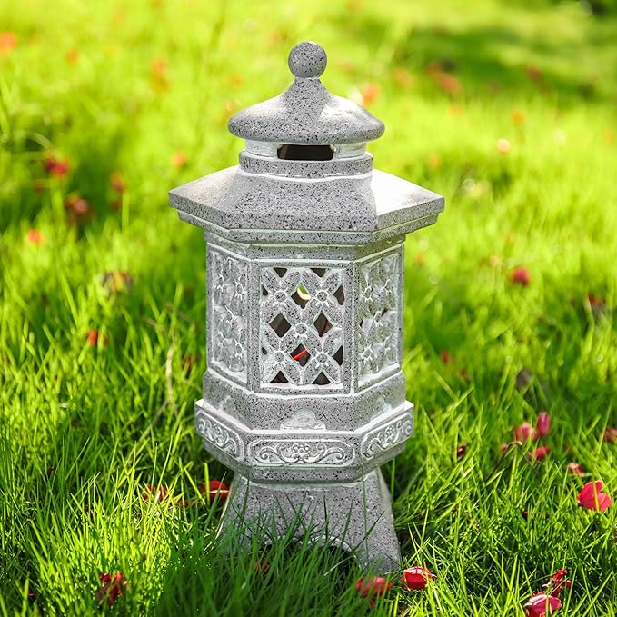 TERESA'S COLLECTIONS Pagoda Garden Statues with Solar Outdoor Light, Resin Zen Garden Lantern Asian Decor Outdoor Statues Lawn Ornaments Patio Porch Yard Decor Gifts for Dad 8.3'' (Stone Finish)