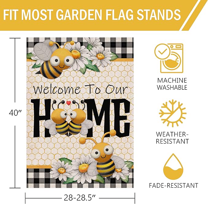 Furiaz Welcome to Our Home Bumble Bee Spring Summer Decorative Large House Flag, Buffalo Plaid Check Daisy Home Outside Garden Yard Decorations, Farmhouse Burlap Outdoor Decor Double Sided 28x40