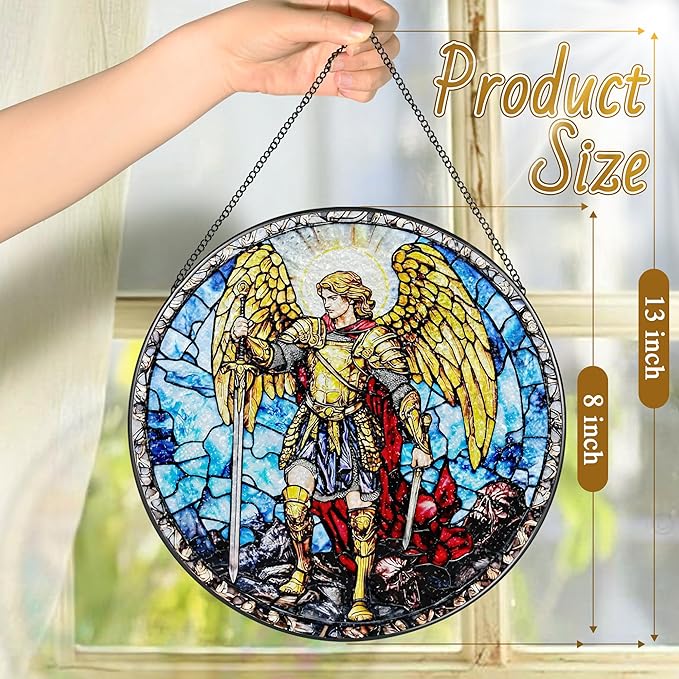 Stained Glass Suncatcher, Archangel Michael Sun Catcher Ornament; Stained Glass Window Hanging, Warrior Angel Window Decor; Christmas Home Decor, Christian Gifts, Religious Gifts
