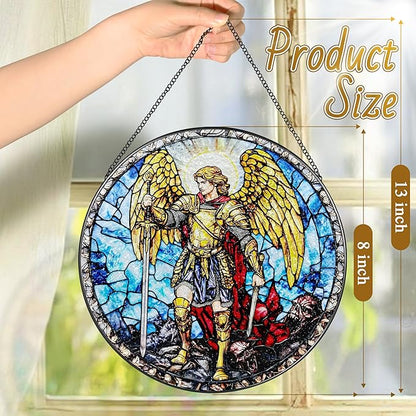 Stained Glass Suncatcher, Archangel Michael Sun Catcher Ornament; Stained Glass Window Hanging, Warrior Angel Window Decor; Christmas Home Decor, Christian Gifts, Religious Gifts