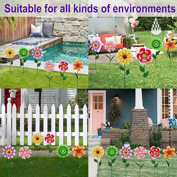 Metal Retro Flower Wind Spinner Art, Guangxie Yard Decorations Outdoor - 6 Pack for Outdoor, Patio, Backyard and Flower Bed Spring Decor (6 Vibrant Colors)